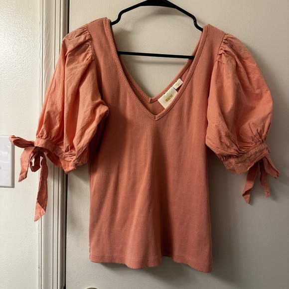 Maeve Tops - Maeve by Anthropologie Puff Sleeve Ribbed V-Neck Top